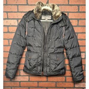 Eddie Bauer Puffer Down Jacket Black‎ Faux Fur Lined Detachable Hood Women's XS